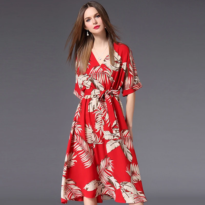 

Shetelisi Leaf Print Chiffon Long Dress Casual A-Line Party Dresses with Ribbon Sash Belt Slim Elegant Ladies Clothes ssd205