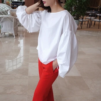 

LANMREM 2020 Summer New Fashion Temperament Women Loose Plus Casual Lantern Sleeves Solid Color Shirt TC206