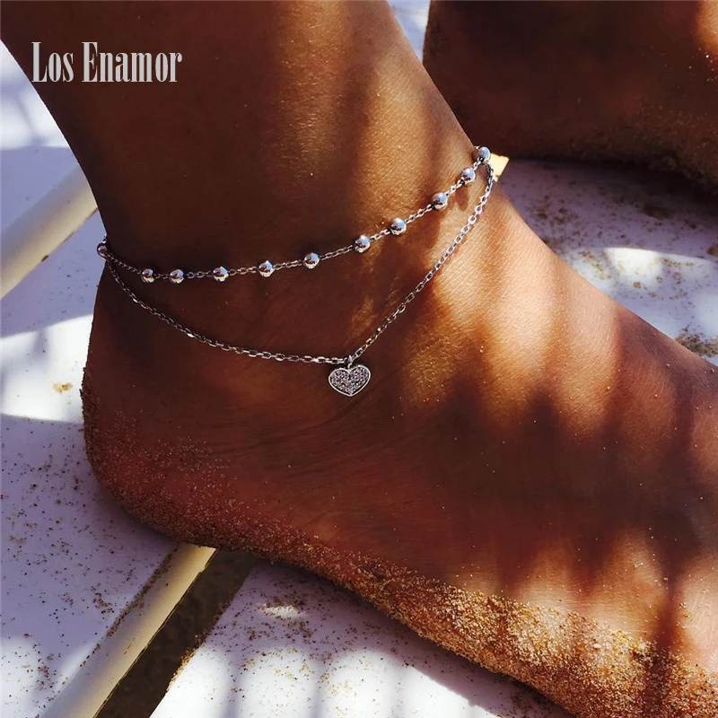 

Boho Style 4 Shapes Heart Round Star Peach Hearts Anklet Fashion Multilayer Foot Chain 2019 New Ankle Bracelet for Women Silver