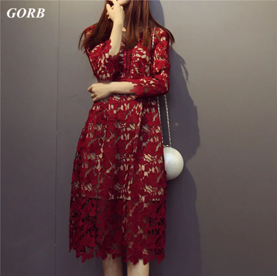 

GORB 2019 Spring Women Gifts Fashion High-end Designer Long Sleeve V-Neck Lace Runway Dress High Quality High Waist Long Dresses