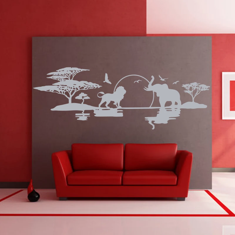 Художественный дизайн Саванна skyline Дешевое украшение для дома виниловая наклейка на стену со слонами львами птицами Виниловая наклейка для декора дома пейзажи