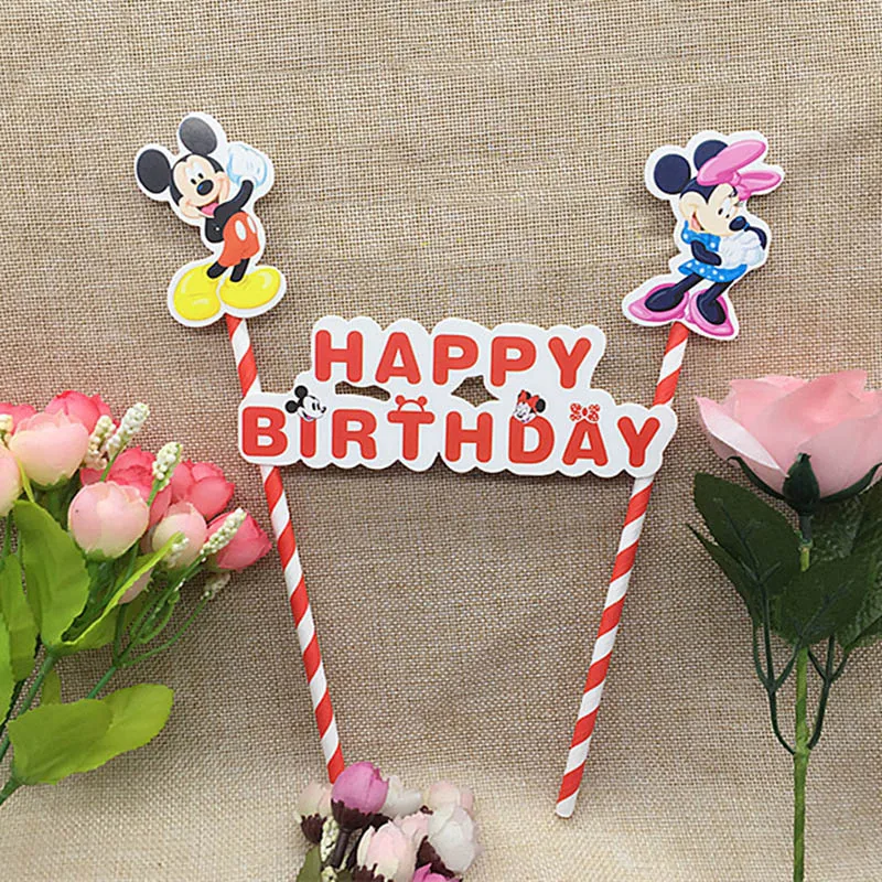 

5set Mickey Mouse Frozen Theme Happy Birthday Flag With Paper Straw Cupcake Cake Topper Birthday Cake Accessories Party Supplies