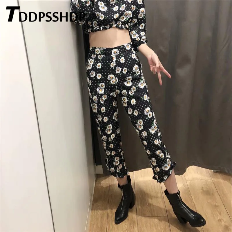

Daisy Flower and Little Dot Printing Spring Women Pants 2019 New Design High Street Slim Fashion Trousers