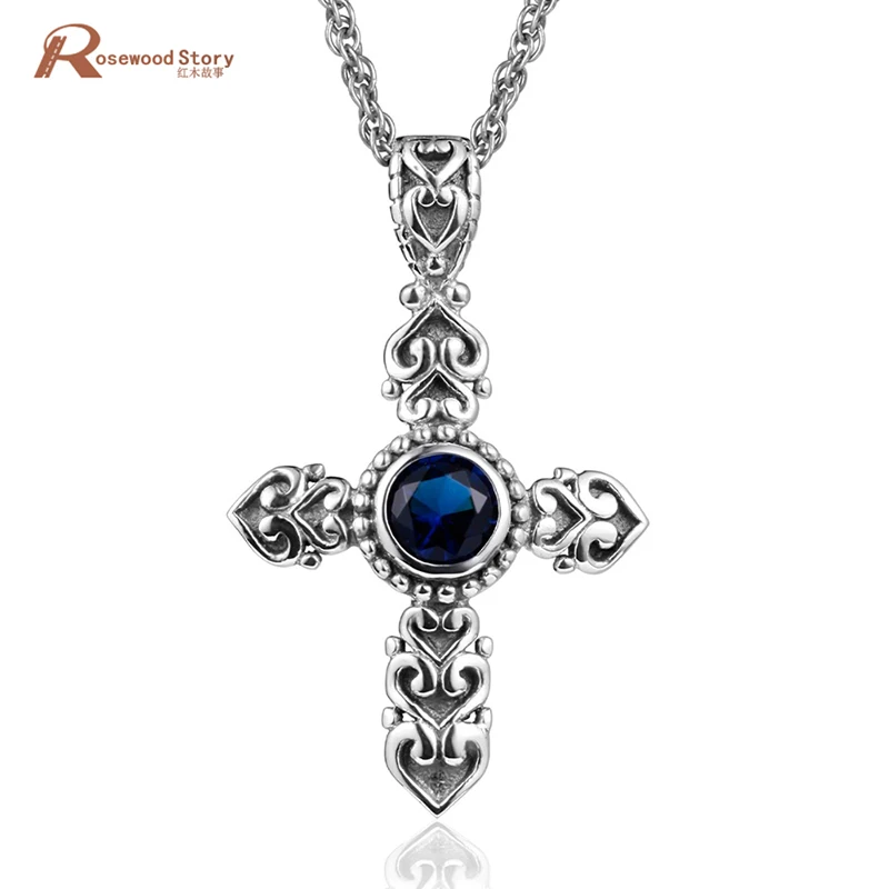 

Ange Cross Pendant Necklace Vintage Style Lab Sapphire Real 925 Sterling Silver Women Men Biker Jewelry Gifts Wholesale Free Box