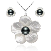 Diseño exclusivo de talla de Shell Perla conjuntos de joyas para las mujeres Negro Perlas Colgante de Collar Y aretes de joyería Fina perla