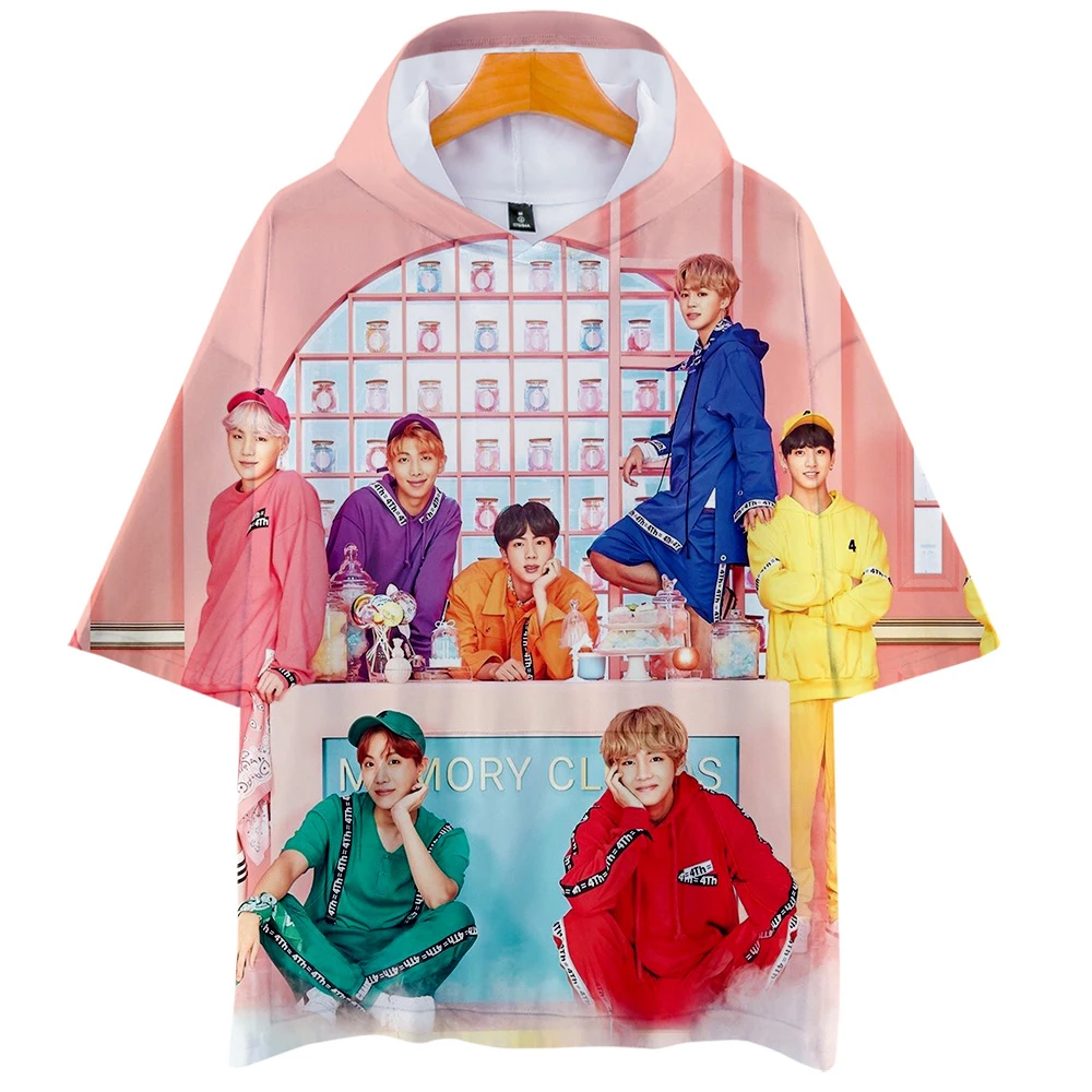 

KPOP latest album 3D pattern hood short sleeve men and women comfortable casual KPOP trend hood short sleeve t-shirt