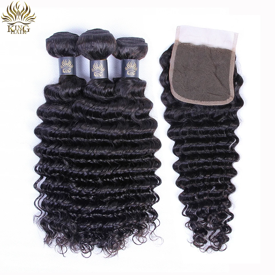 King Hair Human Hair Bundles With Closure 4PCS Peruvian Deep Wave Hair