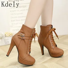 Plus Size Ankle Boots For Women Platform High Heels Female Lace Up Shoes Woman Buckle Short Boot Casual Ladies Footwear Plus 43