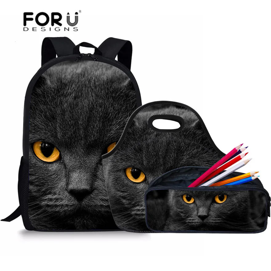 FORUDESIGNS/черный школьный рюкзак с рисунком кота для девочек Детский ранец 3