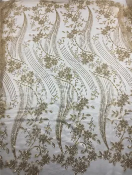 

fast ship new 5yards gold color big glued glitter tulle mesh african lace fabric for sawing wedding bridal dress BZL-102434