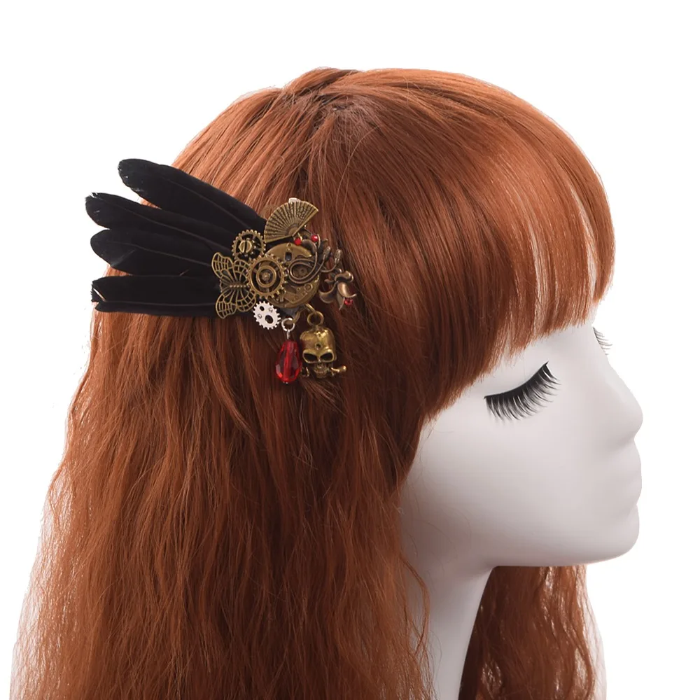 

Vintage Gothic Steampunk Skull Pendant Black Feather Hairpin Hair Clip Headwear