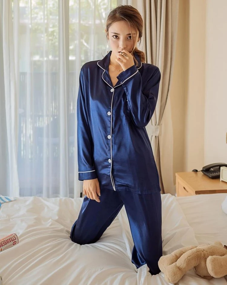 Пижамный комплект, женская шелковая атласная пижама, пижама с длинным рукавом, пижамный костюм, женский пижамный комплект из двух предметов, домашняя одежда размера плюс