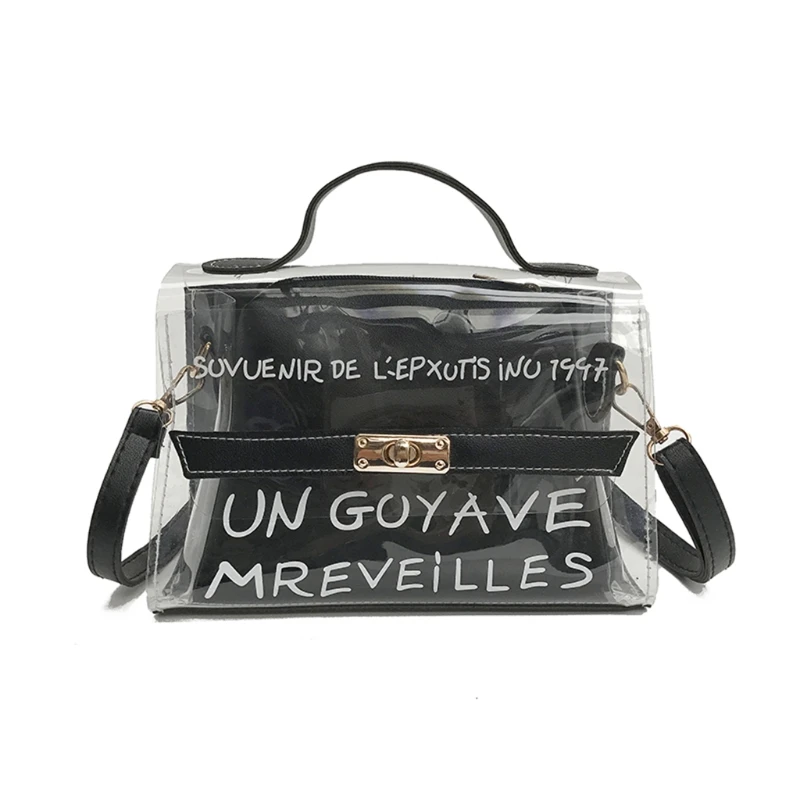 

Women Clear PVC Shoulder Bag PU Leather Inner Composite Bag Fashion Letters Printing Tote Handbag