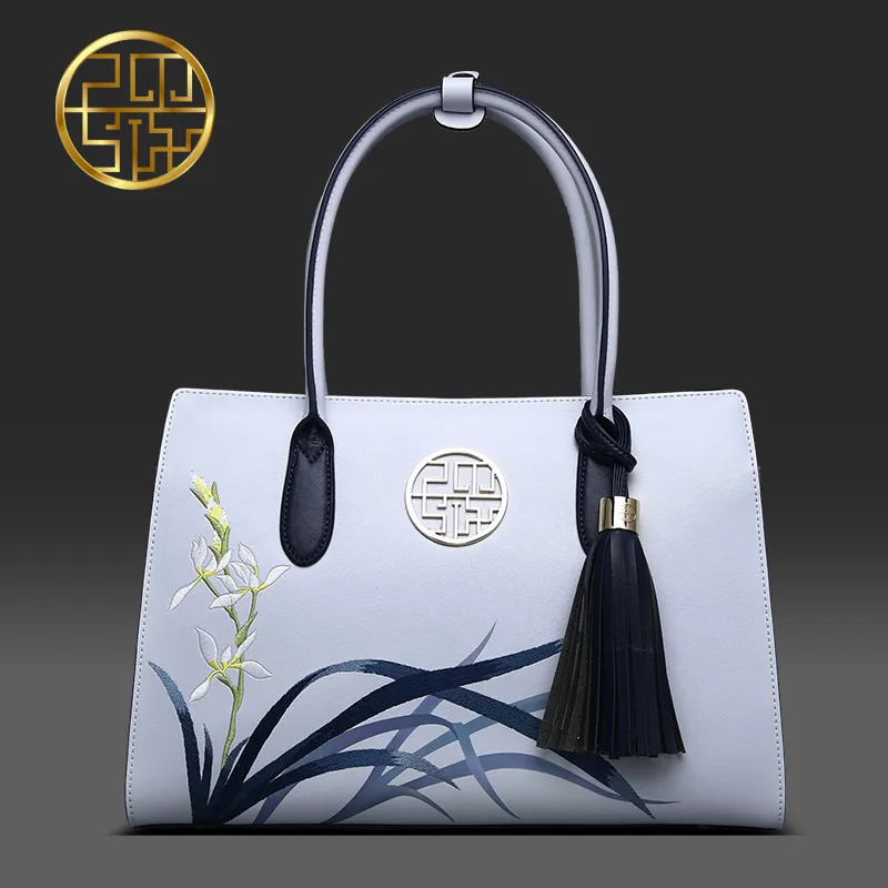 Pmsix 2017 New Designer Women Handbags Split Leather Embroidery Tassel Purses And Handbags Light Blue Ladies Tote Bag P120053