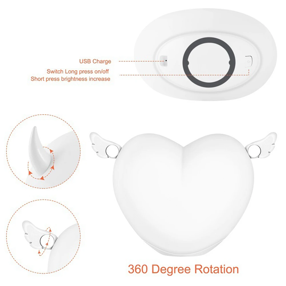 

LED Night Light Color Changing Bedside Baby Kids Bedroom Sleeping Decorative USB Sensitive Tap Control Practical Heart Shaped