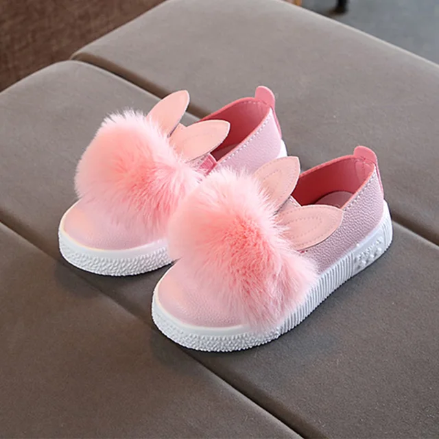 Cute toddlers baby girls rabbit ear pompom shoes for children kids