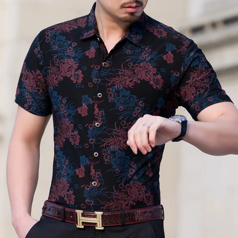 Summer Shirt Men Short Sleeve Floral Shirt 2017 Summer Fashion Male Flower Print Casual Shirts Mercerized