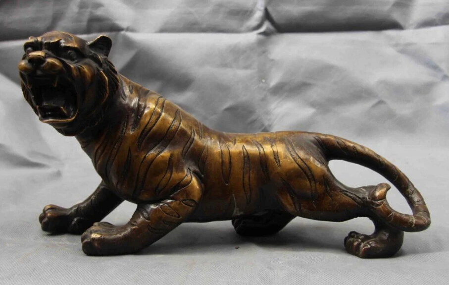 

7" Chinese Copper Bronze large-scale cat branch animal Ferocious Tiger Art Statue