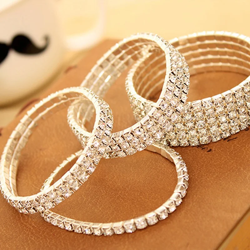 

For Women Gifts Elastic Crystal Rhinestone Bracelets Silver Plated Shiny Wristband Single Row Stretch Silver Bracelet Bangle