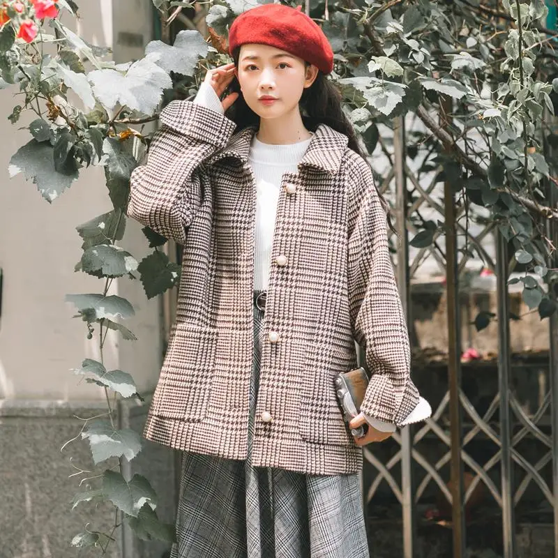 Japanese Mori Girl Thick Warm Winter Women Clothes Turn-Down Collar Vintage Plaid Woolen Coats Womens Elegant Wool Korean Jacket