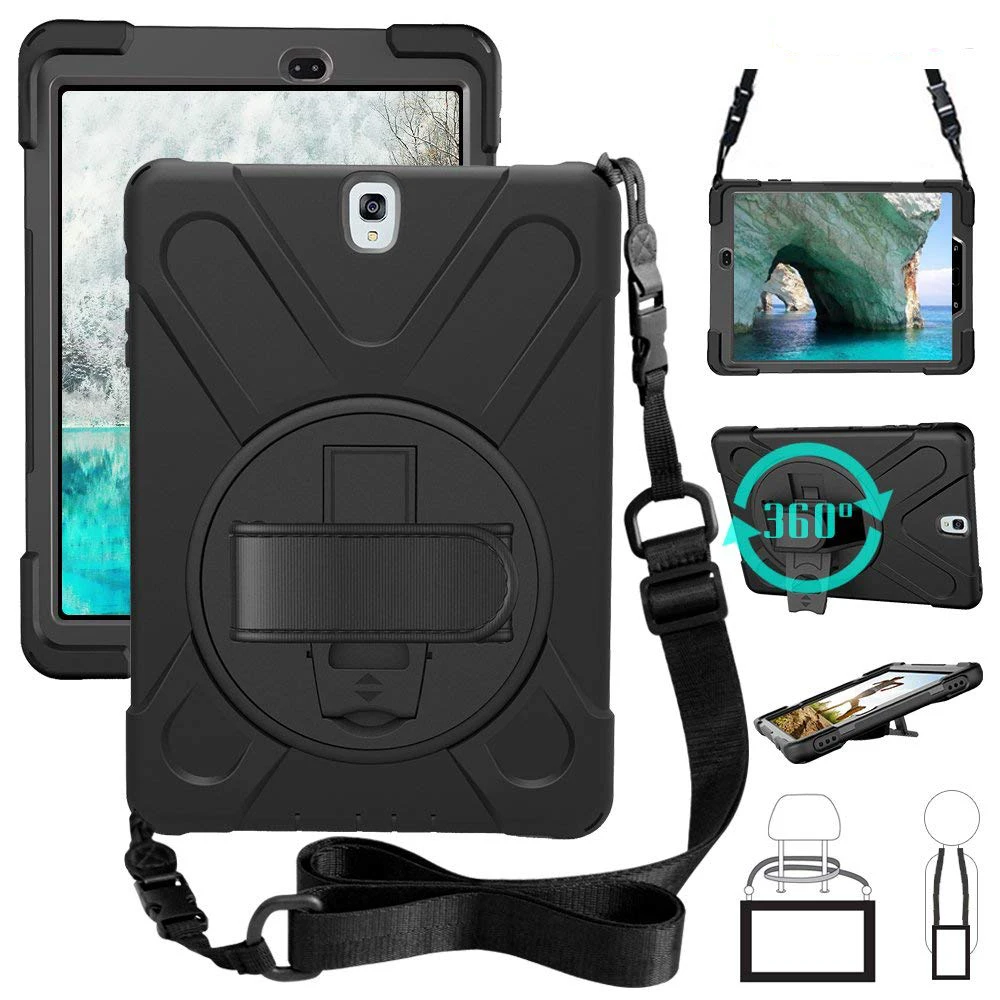 

For Galaxy Tab S3 9.7 Case,T820 T825 tablet Kids Safe Shockproof Heavy Duty Silicone+PC Kickstand Case w/ Wrist+Shoulder Strap