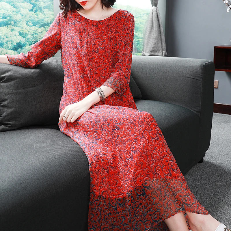 

New Women's Brand Silk Dress O-Neck Printed Three Quarter Sleeve Loose Temperament Long Dress