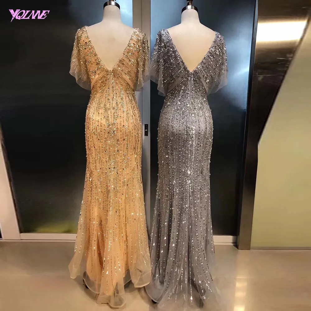 YQLNNE Elegant Gold V Neck Evening Dress Long Crystals Beaded Mermaid Evening Gown Robe De Soiree