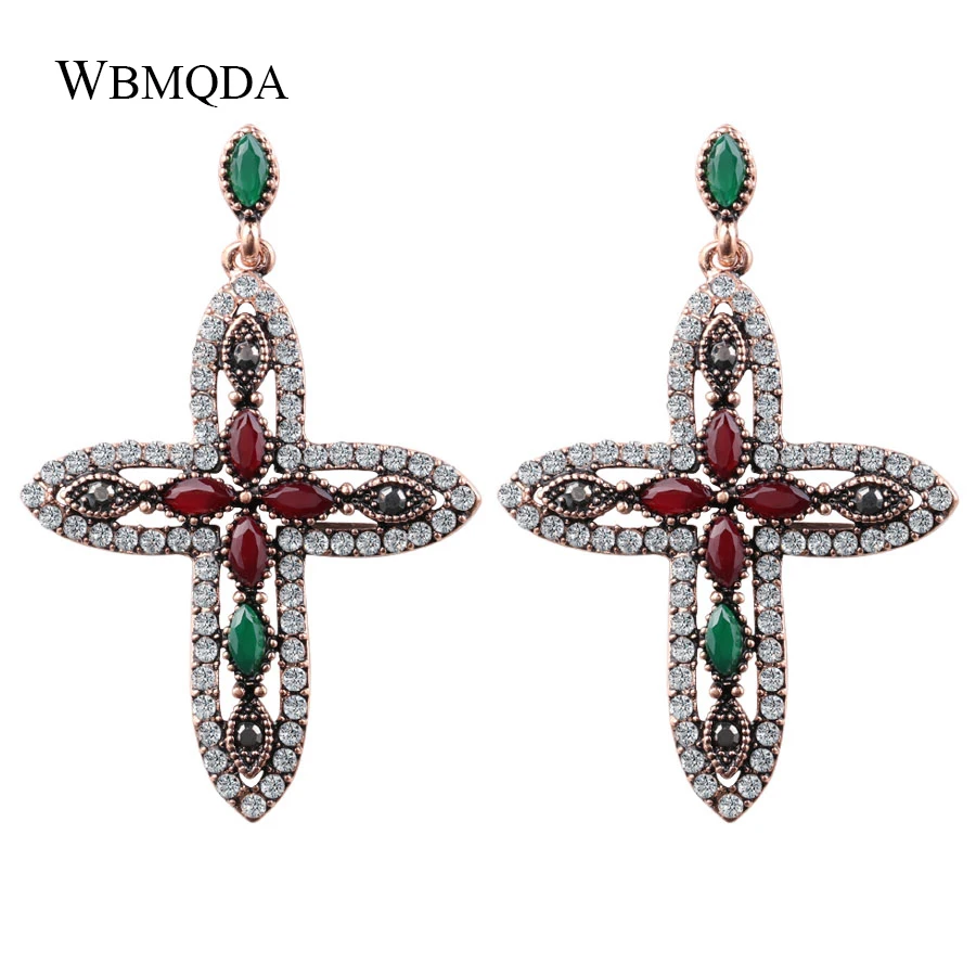 

Luxury Crystal Cross Drop Earrings For Women Vintage Antique Gold Statement Earings Bohemian Religious Jewelry