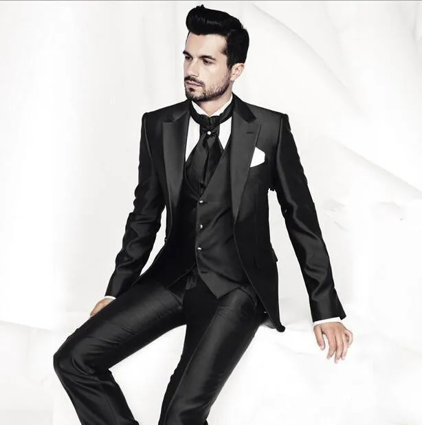 Cheap Hot Sale Handsome Black Groom Tuxedos Best Man Suit Notch Lapel