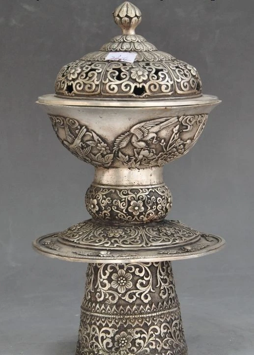

11"Old tibet buddhism silver Auspicious flower bird statue incense burner Censer