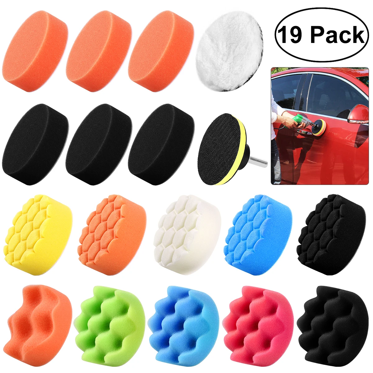 19Pcs 3 Inch Sponge Polishing Buff Pads with M10 Drill Adapter for Car Polisher washing Tool