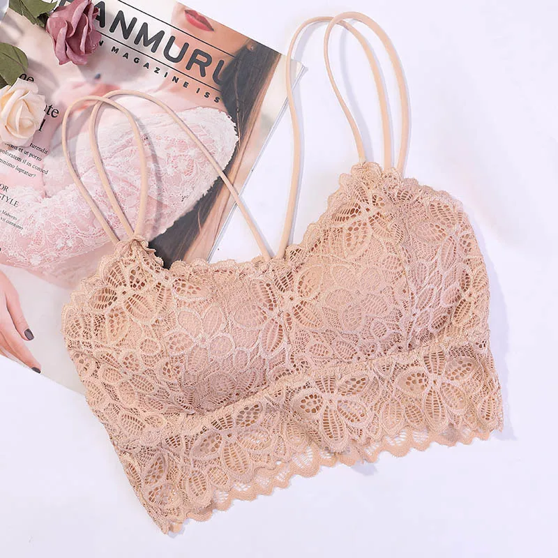 Lace Flowers Breathable Hollow Bra Detachable Chest Pad Hem Tube Tops ...