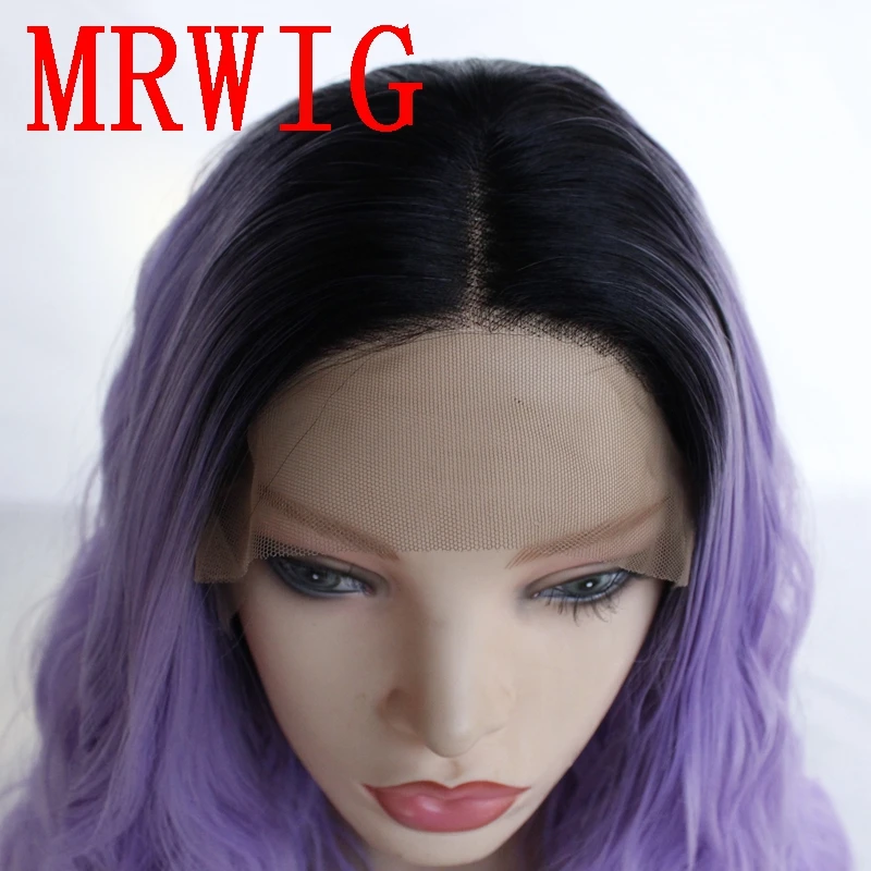 MRWIG Short Dark Roots Short Curly Ombre Purple 16in 320gG Middle Part Synthetic Lace Front Wig for Woman