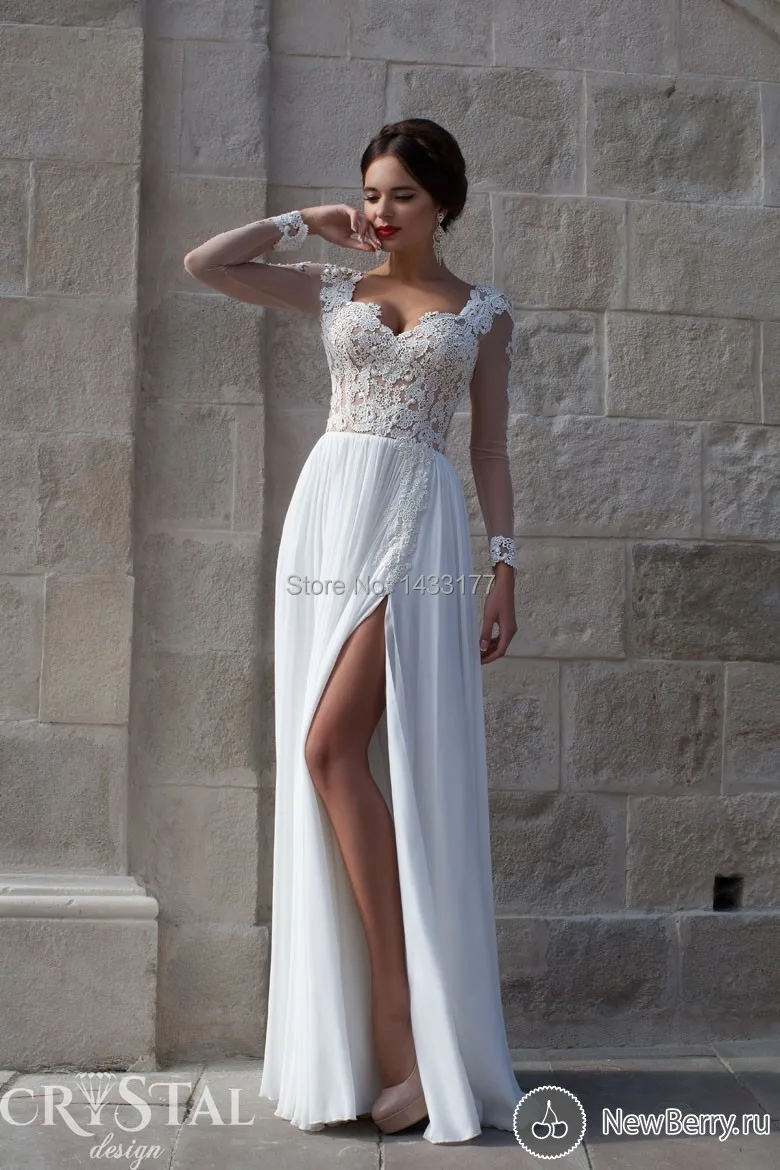

2015 Vestido De Noiva Sweetheart Long Sleeves Lace Appliques Long High Split Chiffon Wedding Dresses Brides Dress For Weddings