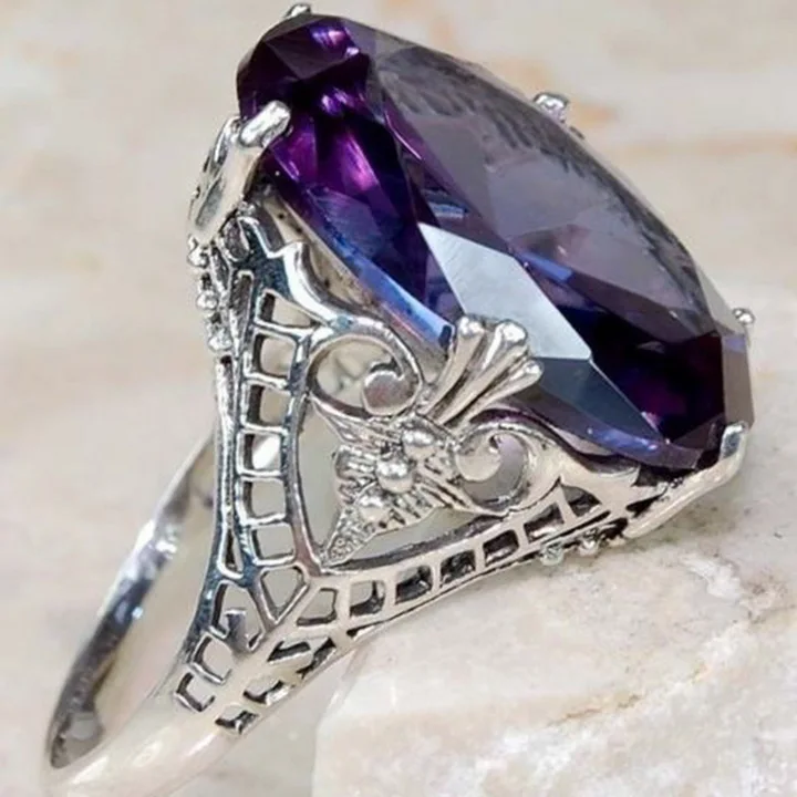 Готическое овальное кольцо с фиолетовым камнем для женщин, полое серебряное кольцо, роскошные ювелирные изделия, большие кольца для пар, Bague Femme Anillos Mujer O5H567 - Цвет основного камня: Purple Ring