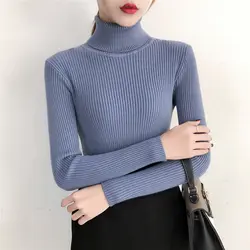 Осень для женщин свитеры с высоким воротом пуловеры для Зима Harajuku тонкий длинным рукавом вязаный свитер мода трикотаж джемперы