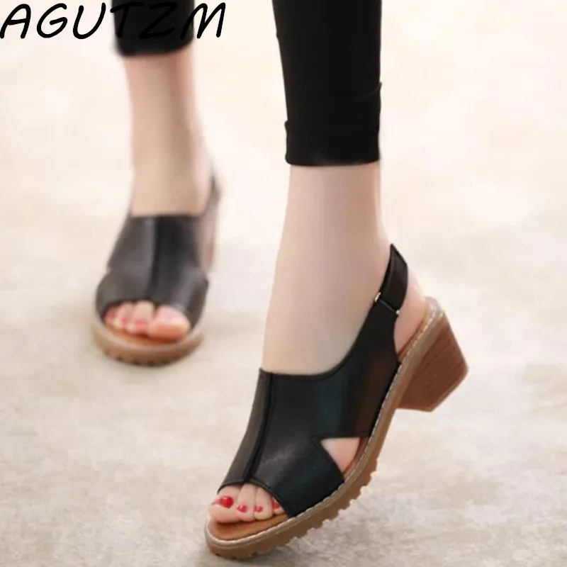 

AGUTZM Women Mid Heel Sandals Summer Sexy Ladies High Thick Heels Shoes Elegant Party Summer Buckles Rome Sandalia Feminina