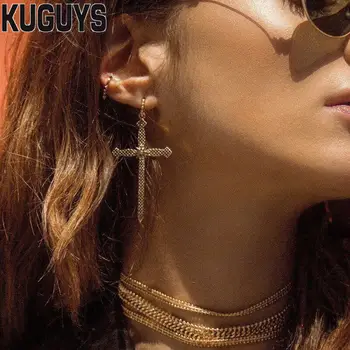 

KUGUYS Gold Faded Cross Earrings for Womens Jewelry Pendientes Vintage Drop Earring Girl Punk Rock Accessories Brincos