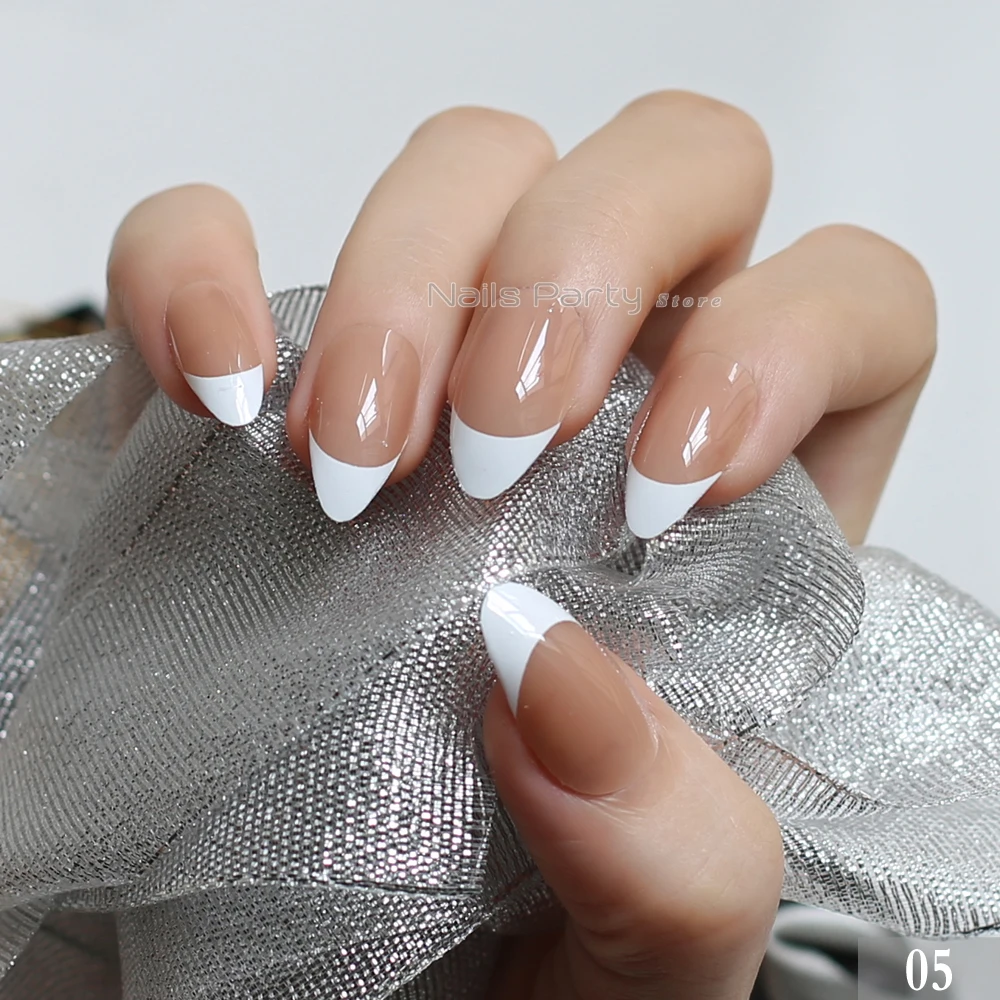 

Brown White border French Nails medium stiletto nails False Nail Tips Designed 24PCS natural coffee full sets Bright light