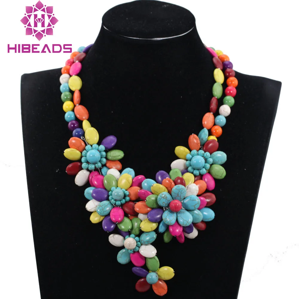 Romantic Chunky Flower Pendant Necklace Multicolor Turquiose Beaded African Wedding Necklace for Brides QW1121 Romantic Chunky Flower Pendant Necklace Multicolor Turquiose Beaded African Wedding Necklace for Brides QW1121