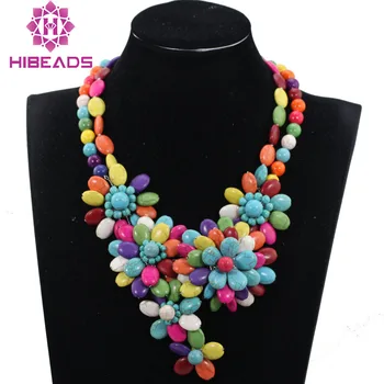 

Romantic Chunky Flower Pendant Necklace Multicolor Turquiose Beaded African Wedding Necklace for Brides QW1121