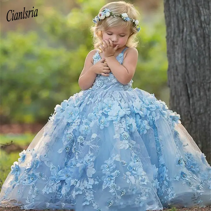 Милое голубое платье на тонких бретелях с цветочным принтом для девочек, платья, аппликации из кружева с 3D бусин в форме цветков для детей