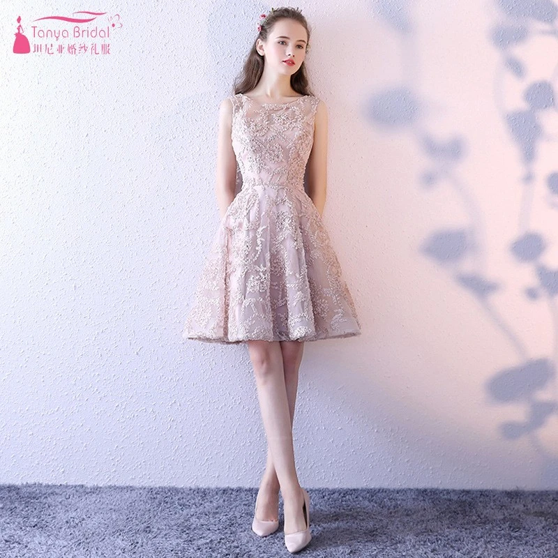 Vestido de graduación a la altura de la rodilla sin mangas cuello redondo trasera vestidos de regreso a casa 2019 de color rosa Nude de Anya SS0109|Vestidos de graduación| - AliExpress