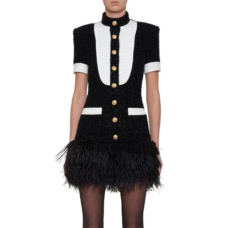 TWOTWINSTYLE Patchwork Feather Hem Dress Women Zipper Turtleneck Short Sleeve Single Breasted Dresses Female 2018 Autumn Fashion TWOTWINSTYLE Patchwork Feather Hem Dress Women Zipper Turtleneck Short Sleeve Single Breasted Dresses Female 2018 Autumn Fashion