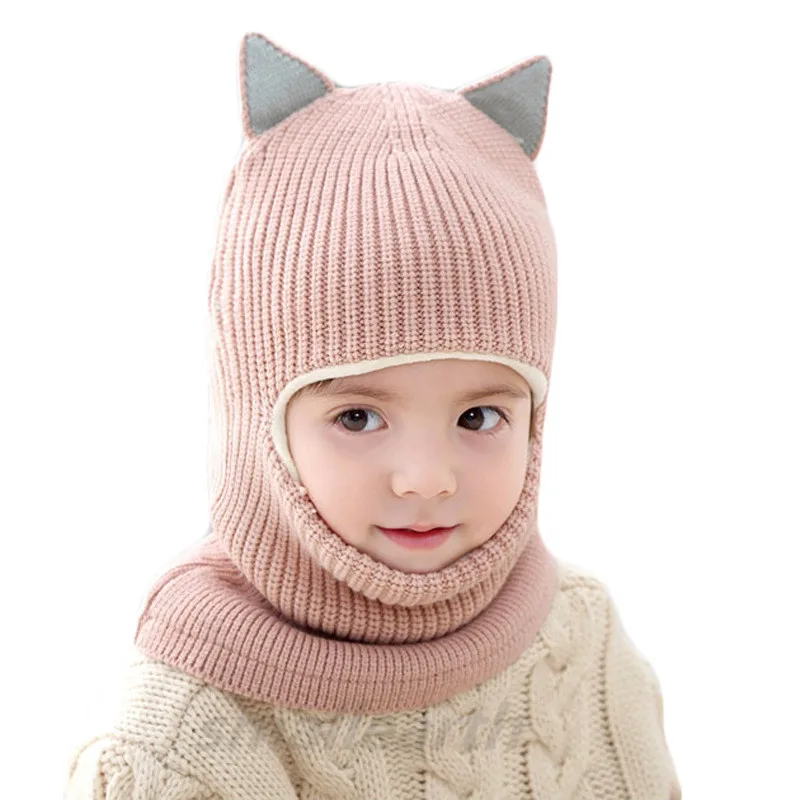 Осенне-зимняя детская шапка, модные детские шапки с шарик-помпон, вязаная крючком детская маска, шапка с капюшоном, шарф, детская вязаная шапка с воротником - Цвет: light pink ears