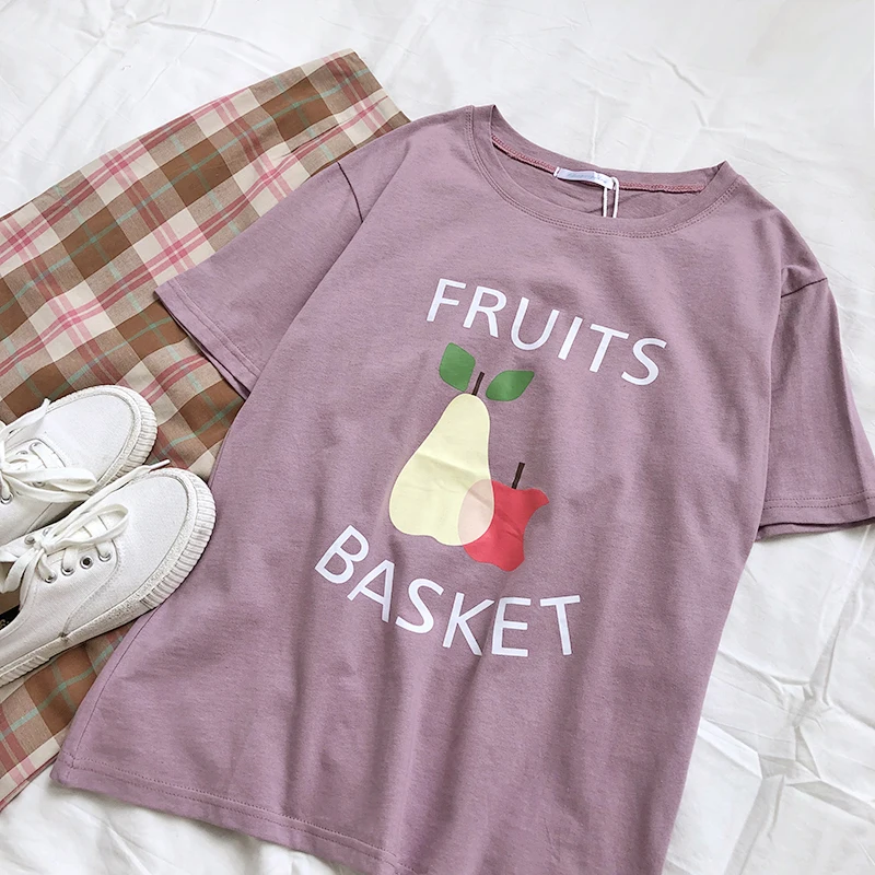 مجردة الكمثرى مطبوعة النساء الأرجواني T قميص قصيرة الأكمام الأرجواني الكاكي قمزة قميص قمم