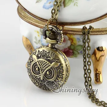 

Brass bronze copper antique style night owl pocket watch pendant long chain necklaces for men and women unisex fashion jewellery