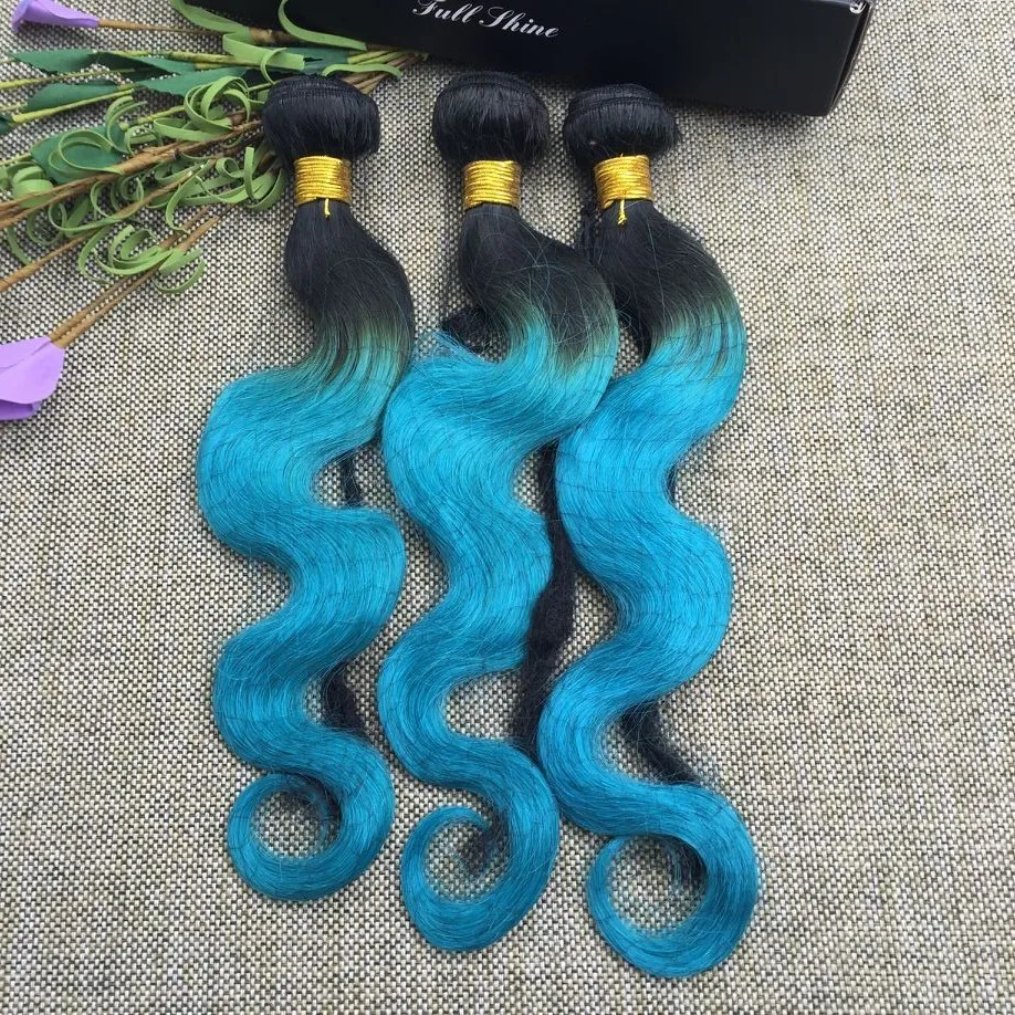 Full Shine 3 Bundles Brazilian Body Wave 100 Human Hair Sew in Extensions 1B teal Color