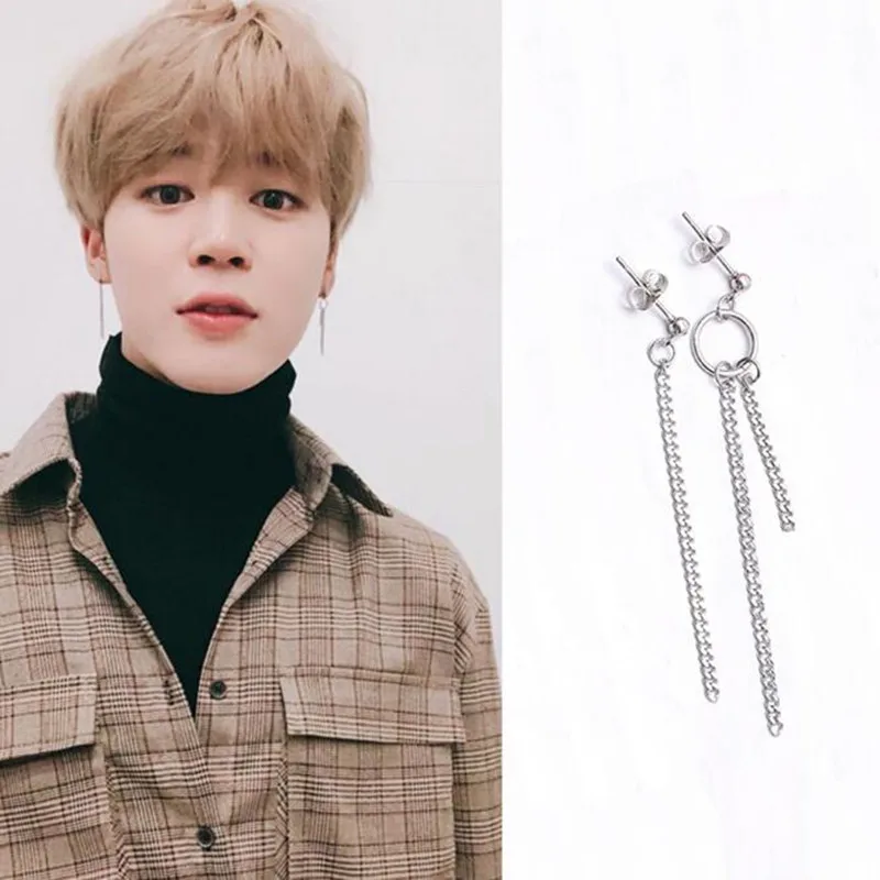 

1Pair Korea Kpop V Earring Bangtan Boys JIN SUGA Jimin Tassel Long Stainless Steel Chain Earring Tassel Earrings Jewelry