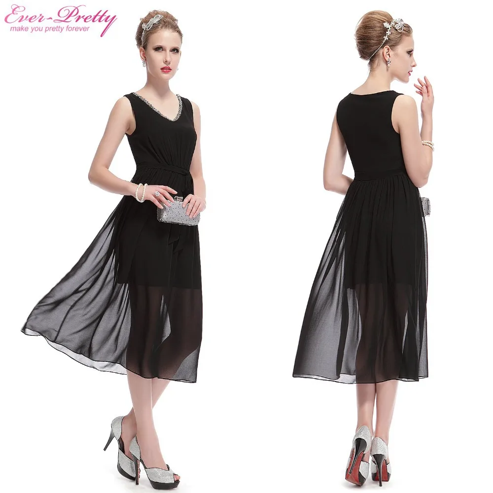 Summer Black Casual Dresses Sleeveless Black Chiffon Tea Length Party